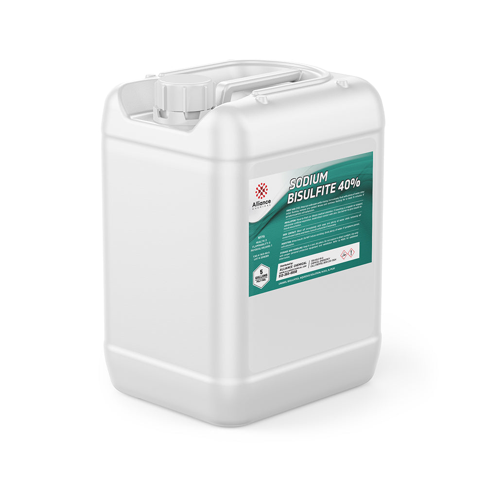 5-gallon white HDPE container of Sodium Bisulfite 40% solution with green label, safety symbols, and industrial-grade chemical specifications.