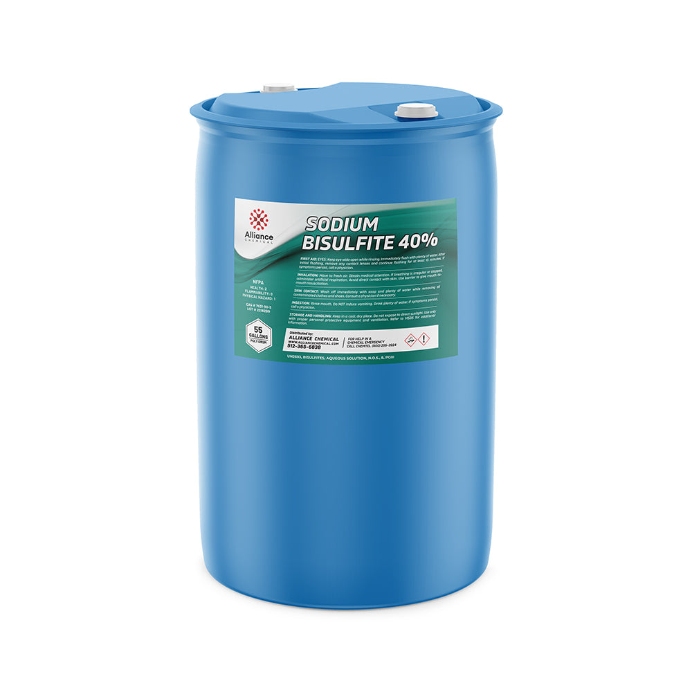 55-gallon blue HDPE drum of Sodium Bisulfite 40% solution by Alliance Chemical, featuring green-labeled safety information and hazard symbols.