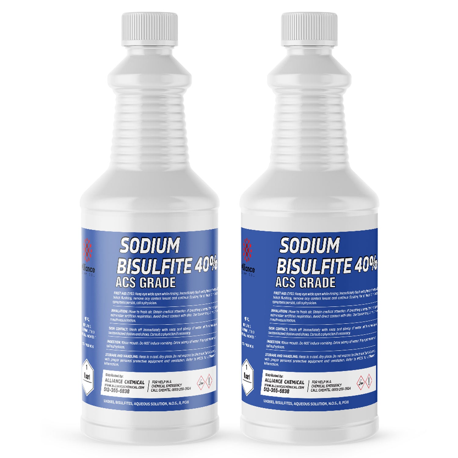 2-quart white HDPE bottles of Sodium Bisulfite 40% ACS Grade solution with blue labels, UN1791 hazard symbol, and safety warnings.