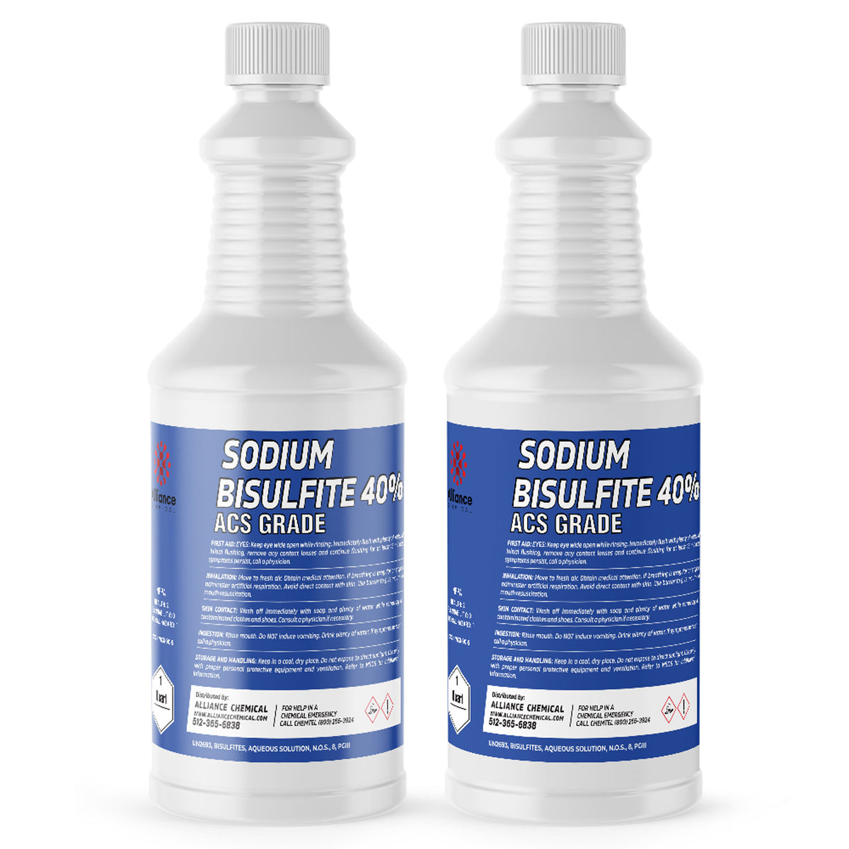 Two 1-quart HDPE bottles of Alliance Chemical Sodium Bisulfite 40% ACS Grade with white caps and product labels.