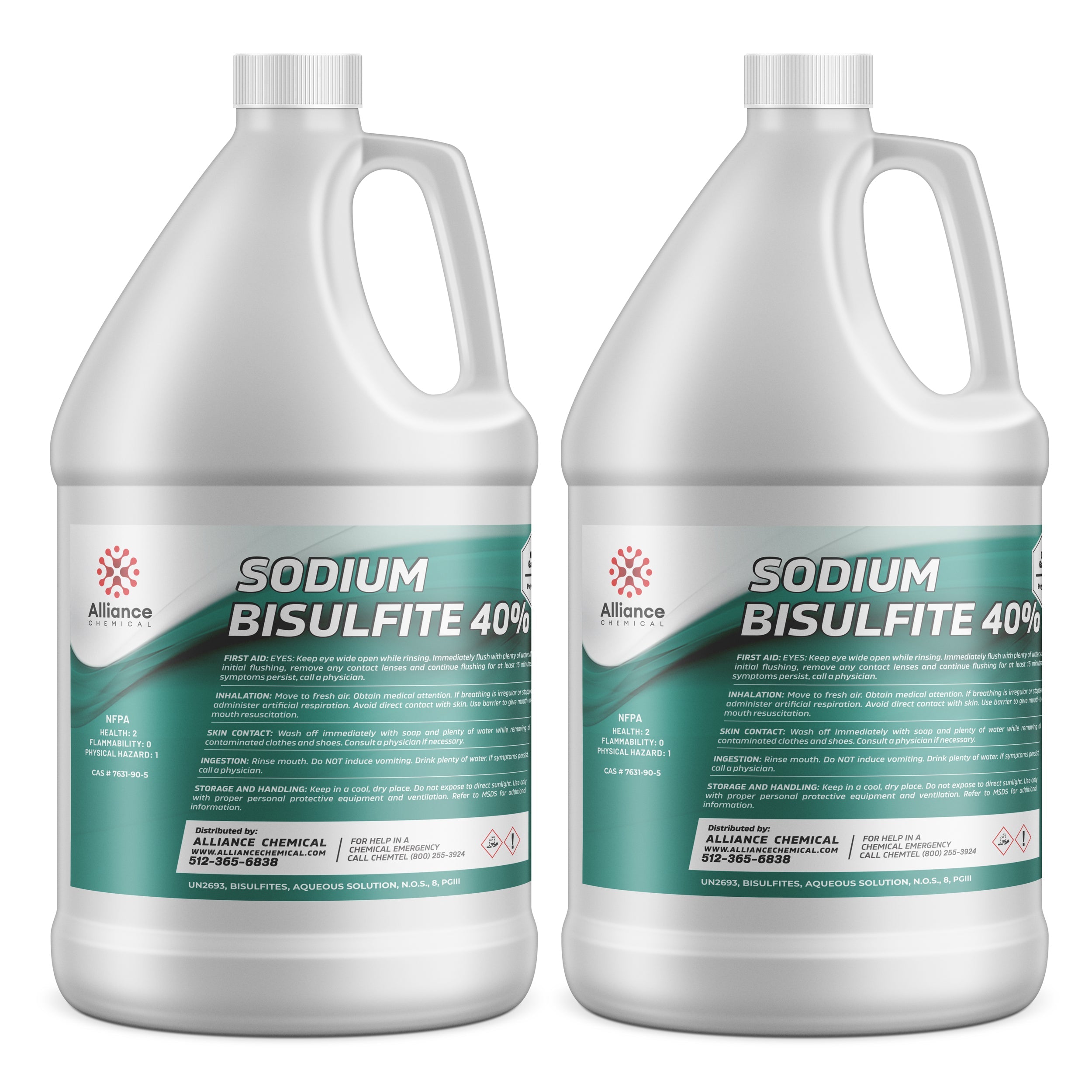 2-gallon HDPE jugs of Sodium Bisulfite 40% solution by Alliance Chemical, featuring safety instructions, NFPA diamond, and chemical hazard symbols.