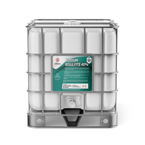 One 330-gallon Alliance Chemical Sodium Bisulfite 40% tote with a white plastic container and steel cage.