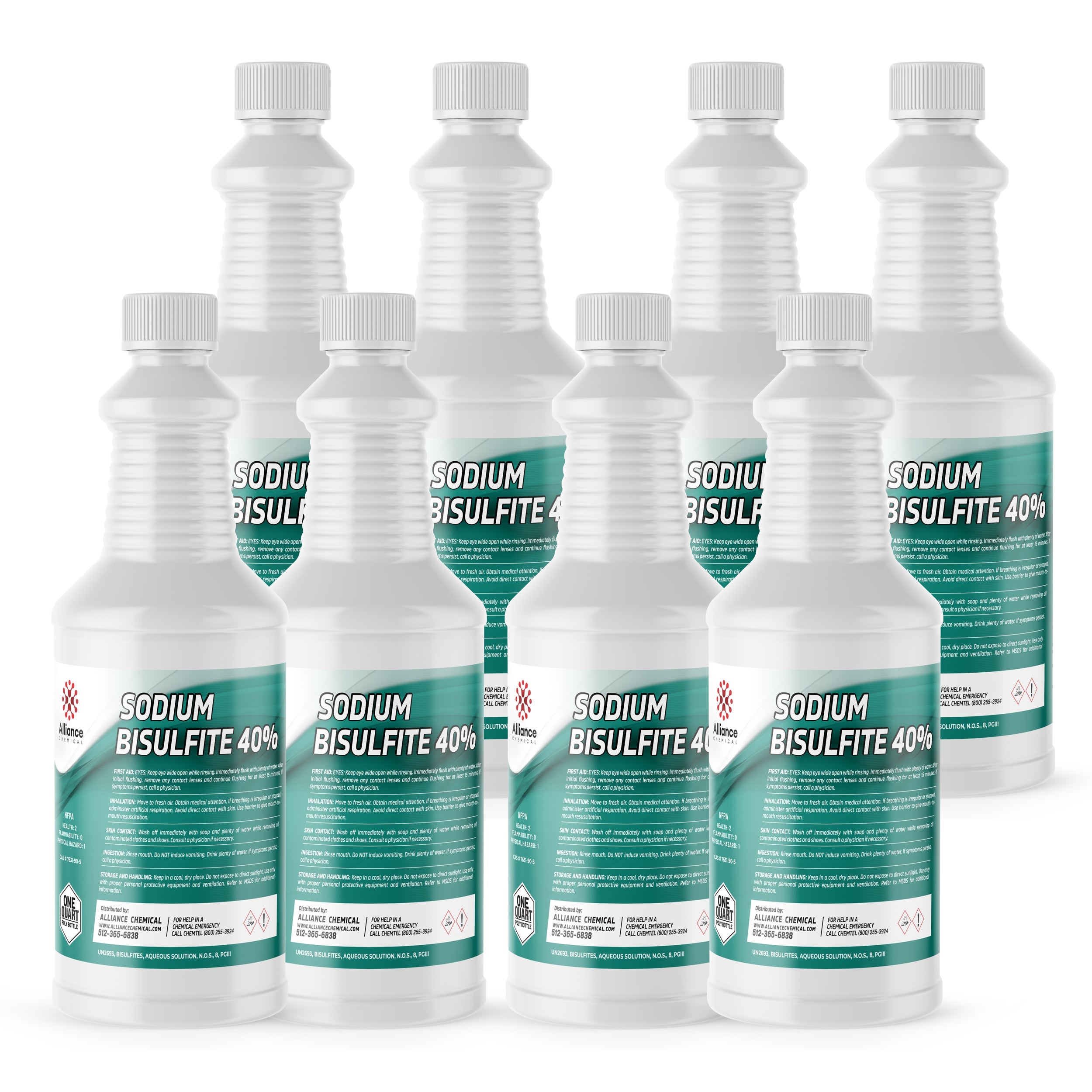1-quart bottles of Sodium Bisulfite 40% solution in white HDPE containers with green labels, hazard symbols, and childproof caps, 8-pack configuration.