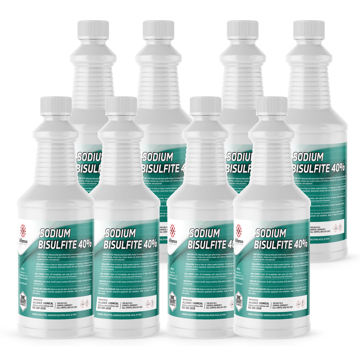 Seven 1-quart plastic bottles of Alliance Chemical Sodium Bisulfite 40% with white screw caps and safety label