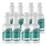 Seven 1-quart plastic bottles of Alliance Chemical Sodium Bisulfite 40% with white screw caps and safety label