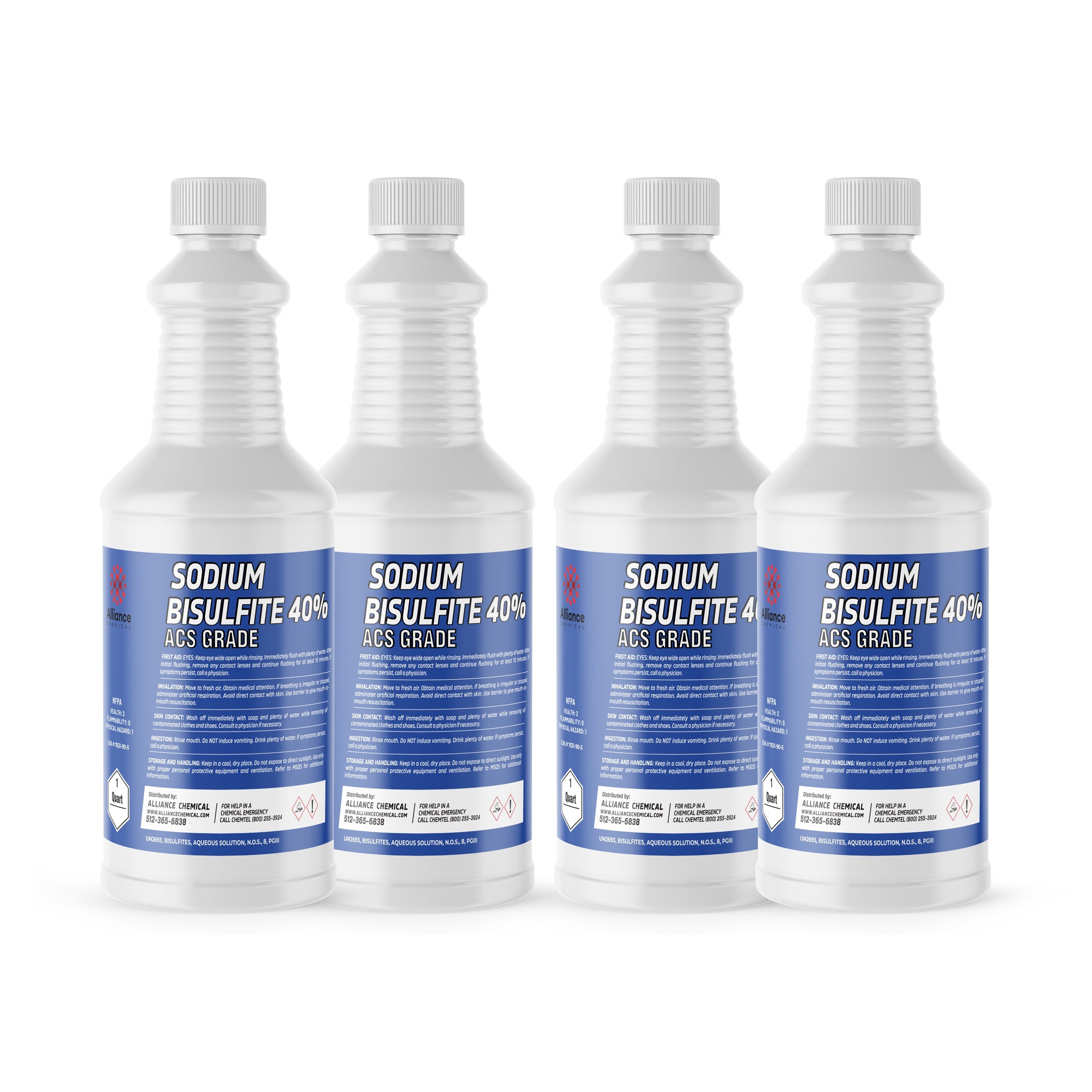 4x1-quart bottles of Sodium Bisulfite 40% ACS Grade in white HDPE containers with blue labels, corrosive/oxidizer warning symbols, and ribbed caps.