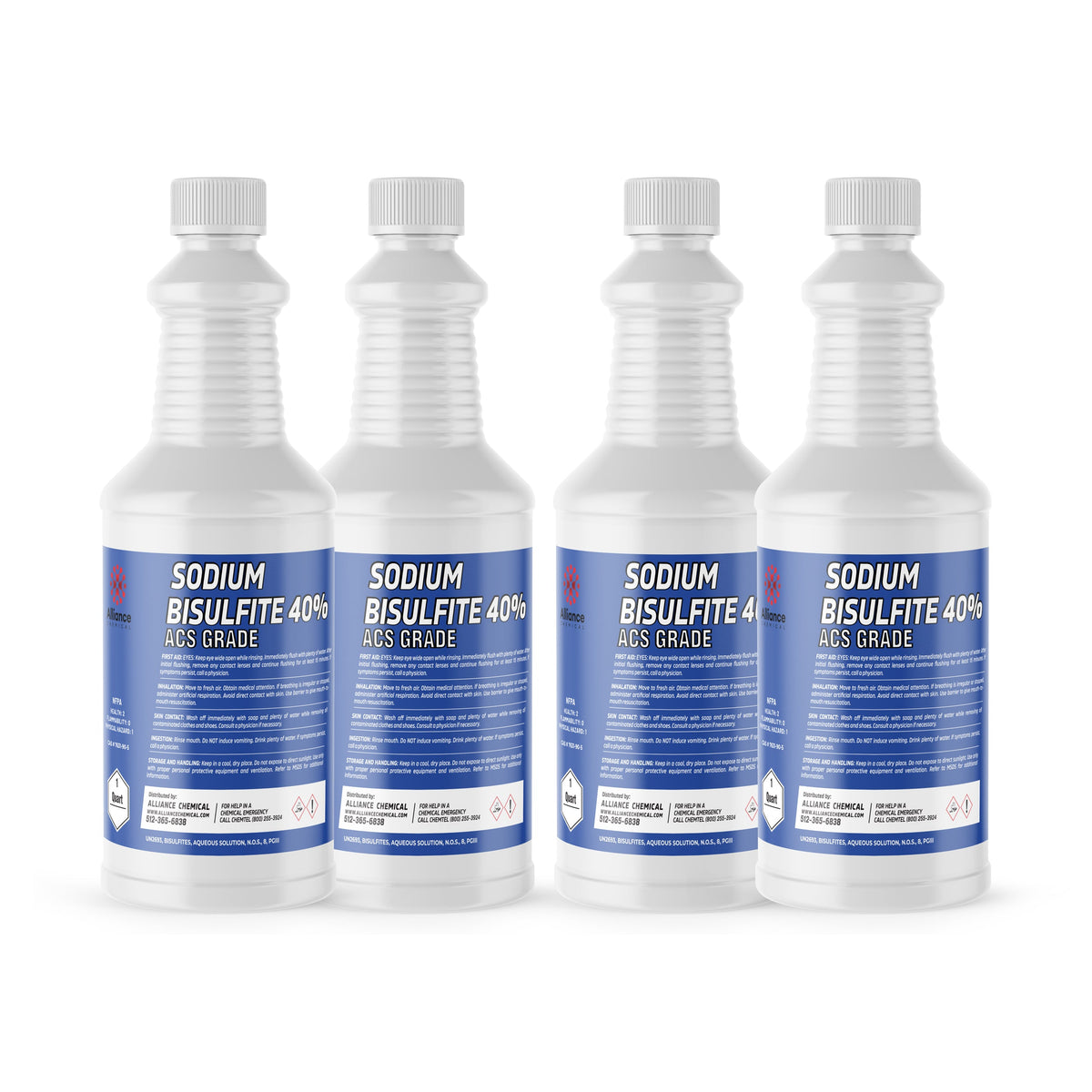 Four 1-quart plastic bottles of Alliance Chemical Sodium Bisulfite 40% ACS Grade with labels and white caps
