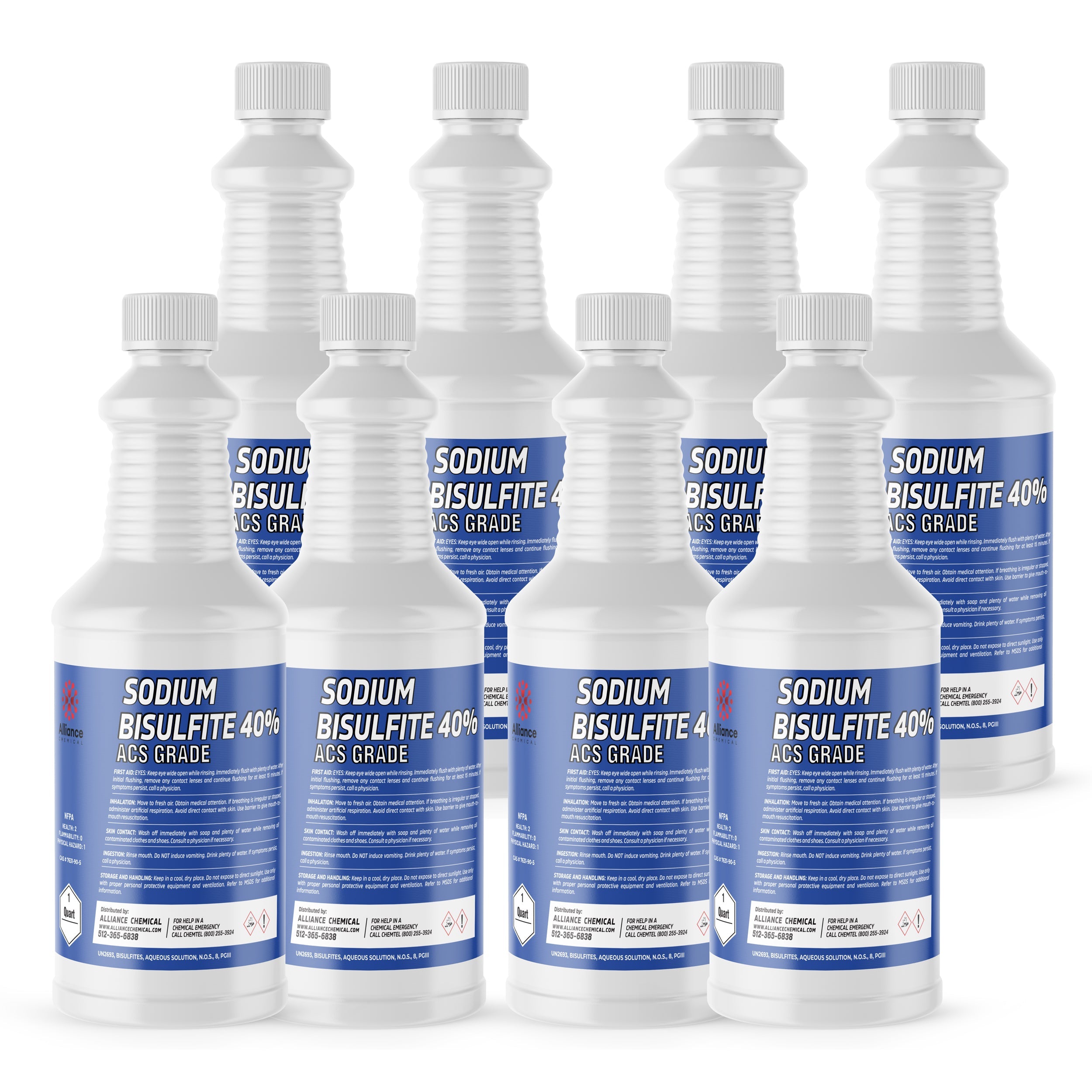 1-quart bottles of Sodium Bisulfite 40% ACS Grade solution in white HDPE containers with blue labels, corrosive warning symbols, and safety data.
