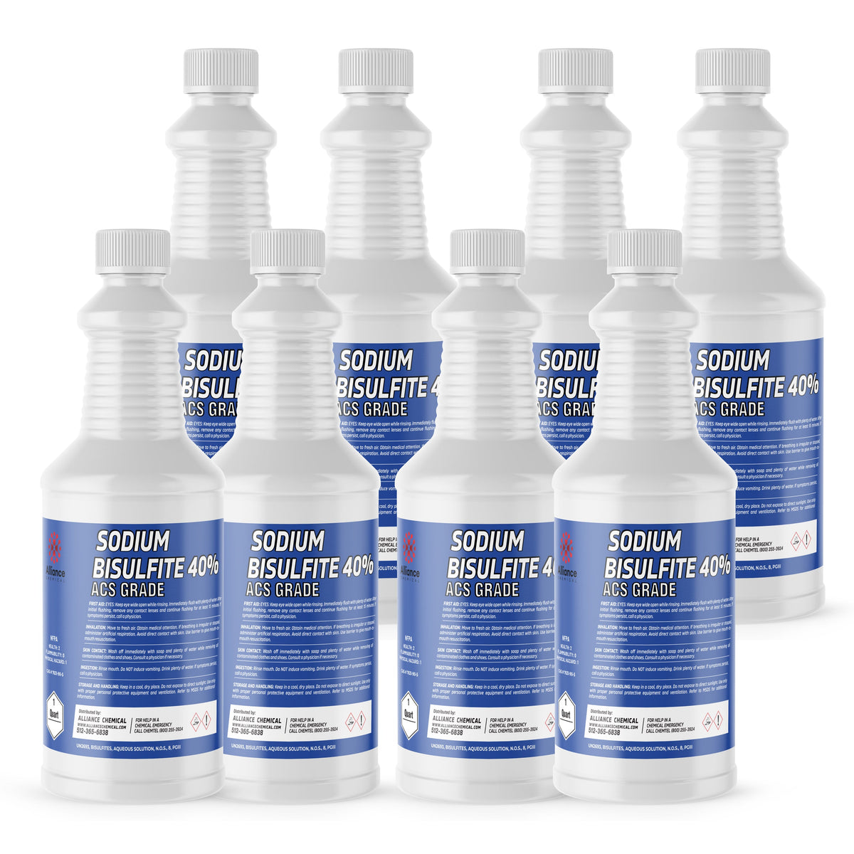 Seven 1-quart HDPE bottles of Alliance Chemical Sodium Bisulfite 40% ACS Grade with white caps and blue labels