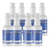 Seven 1-quart HDPE bottles of Alliance Chemical Sodium Bisulfite 40% ACS Grade with white caps and blue labels
