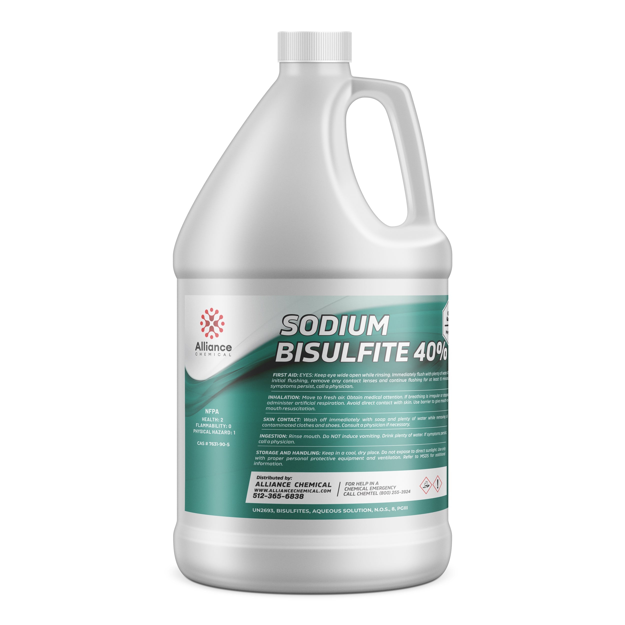 One-gallon HDPE container of Sodium Bisulfite 40% solution by Alliance Chemical, featuring NFPA diamond, safety instructions, and green-labeled industrial specifications.