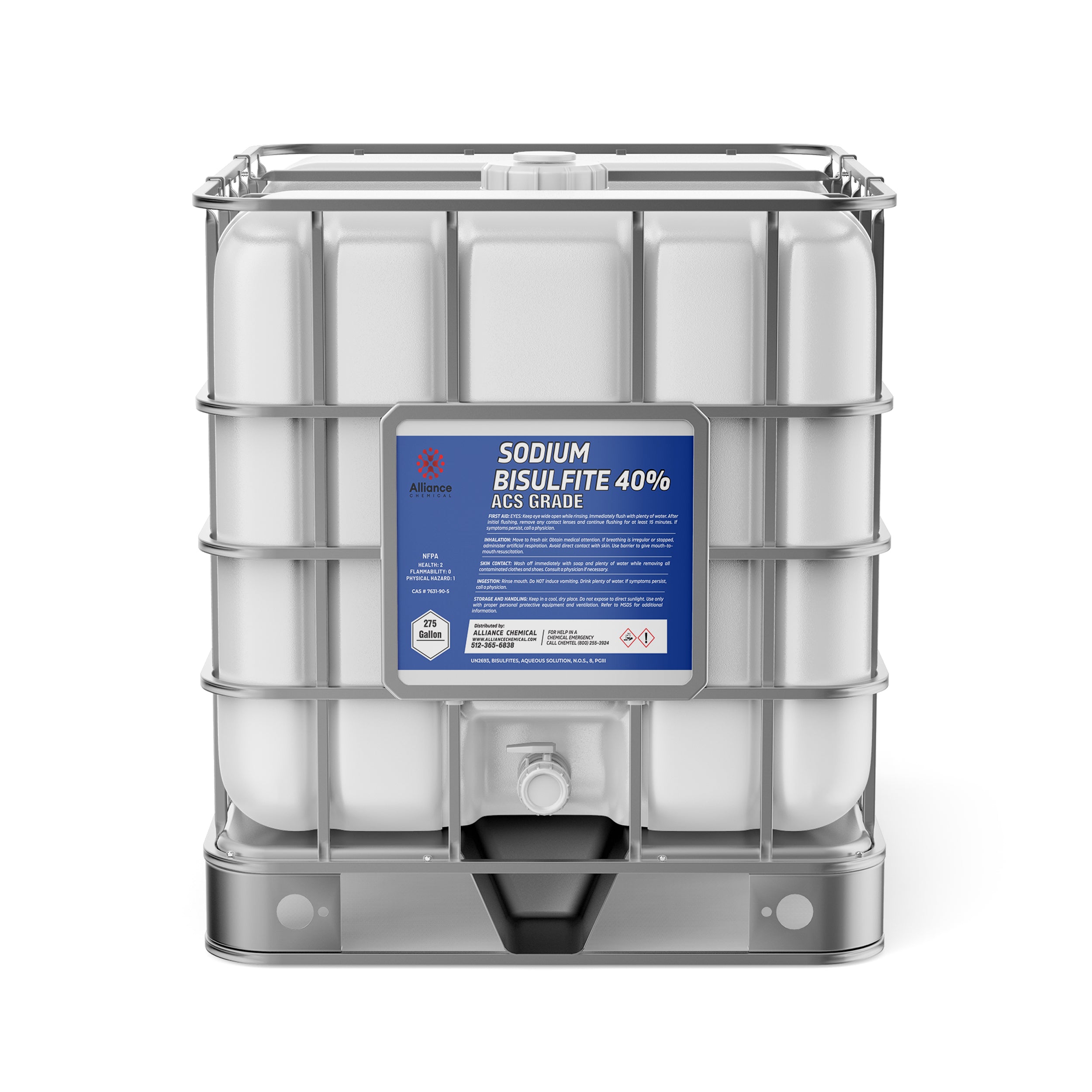 275-gallon IBC tote of Sodium Bisulfite 40% ACS Grade chemical with metal cage frame, Alliance Chemical label, hazard symbols, and bottom discharge valve.