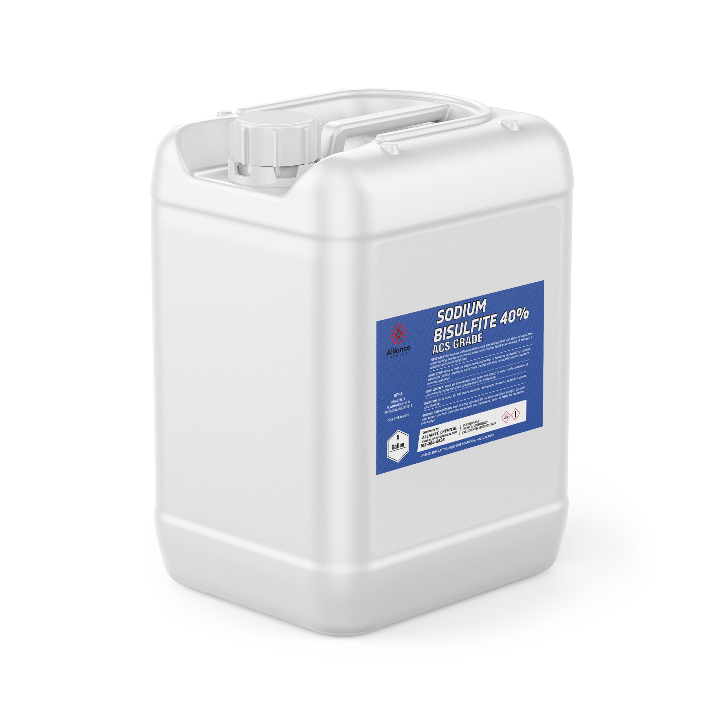 5-gallon white HDPE jerry can containing 40% Sodium Bisulfite ACS Grade chemical with Alliance Chemical blue label and GHS hazard symbols.