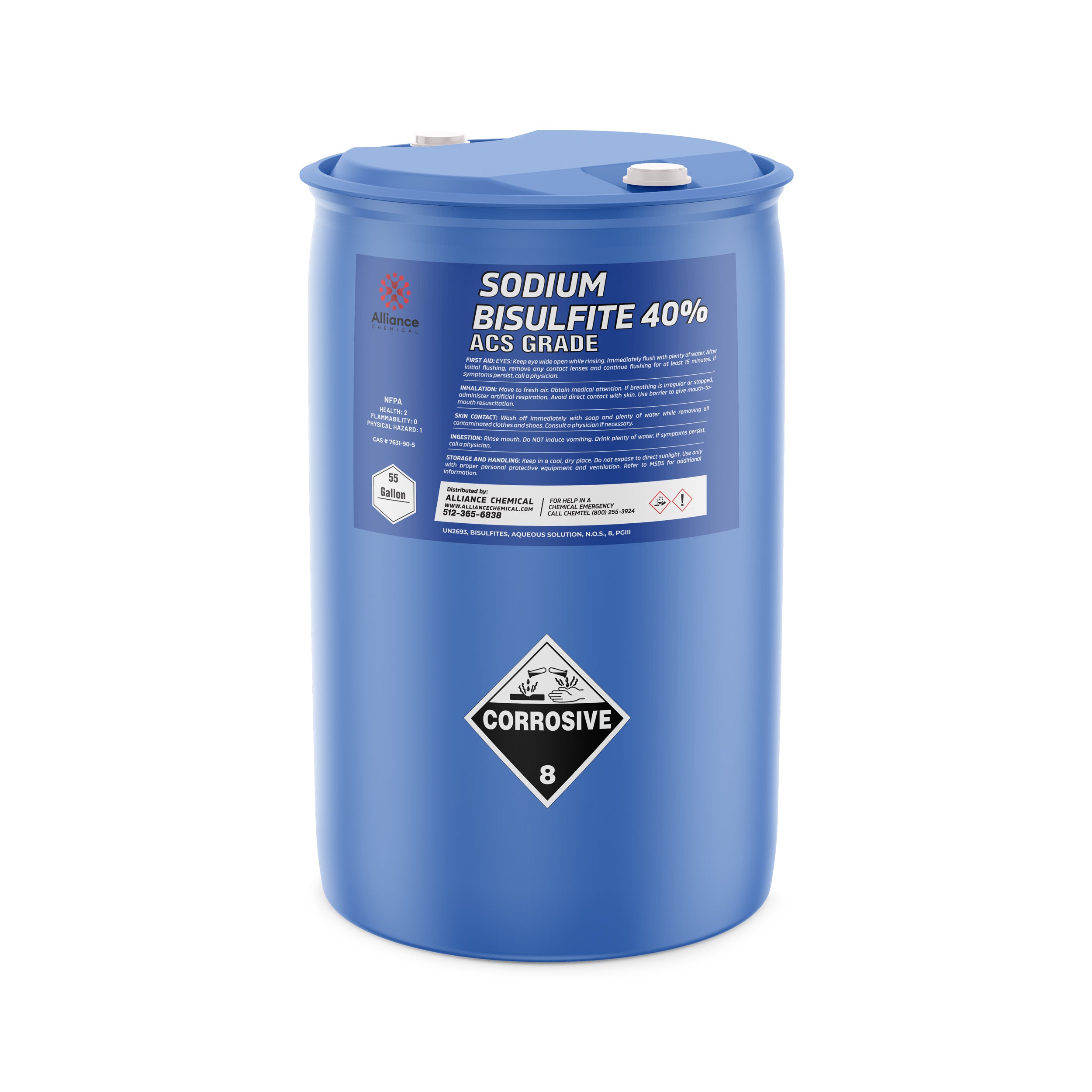 55-gallon blue poly drum of Sodium Bisulfite 40% ACS Grade with corrosive warning label, Alliance Chemical branding, and double-bung lid closure.