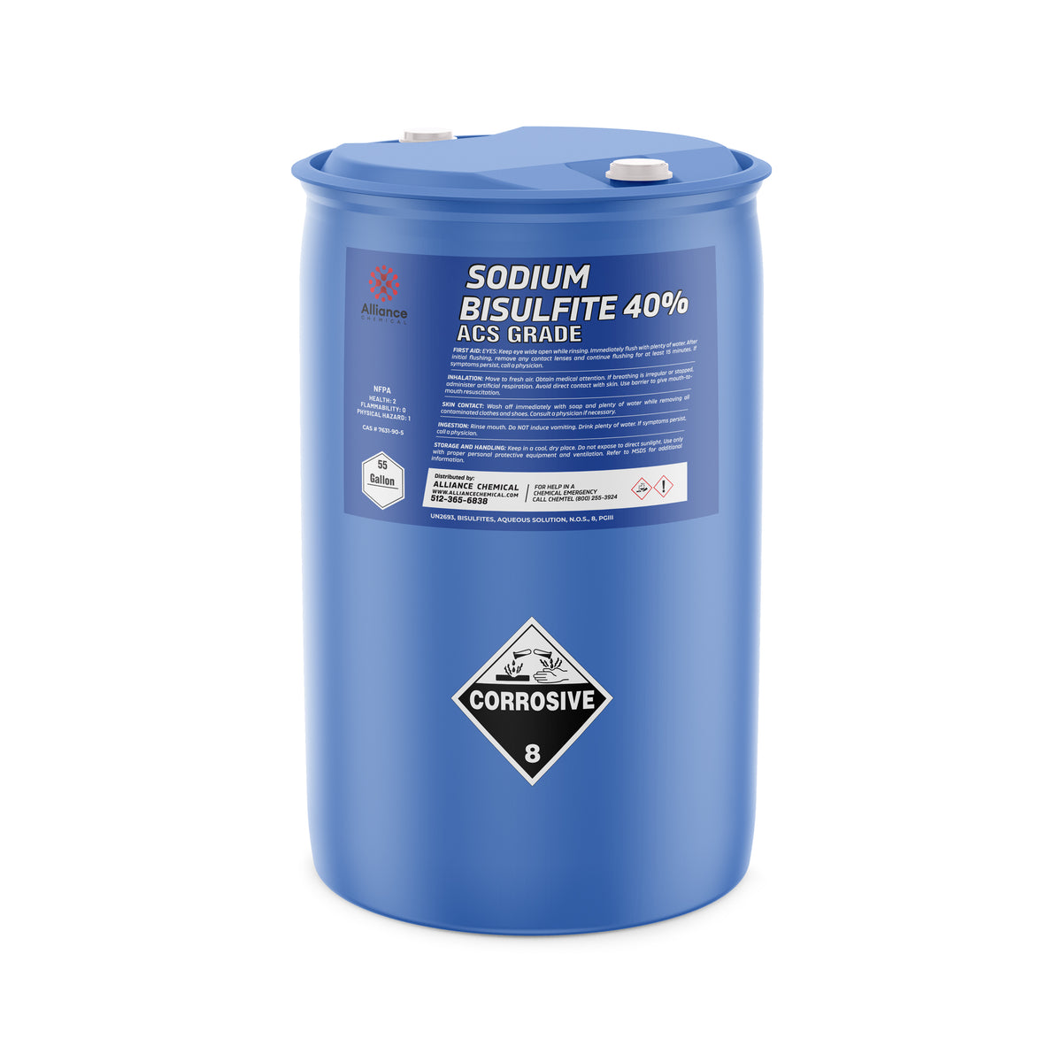 55-gallon blue poly drum of Sodium Bisulfite 40% ACS Grade with corrosive warning label, Alliance Chemical branding