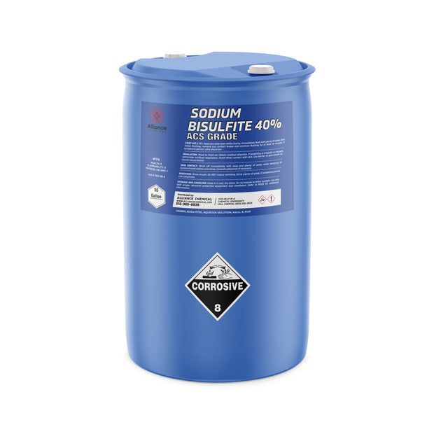 55-gallon blue poly drum of Sodium Bisulfite 40% ACS Grade with corrosive warning label, Alliance Chemical branding
