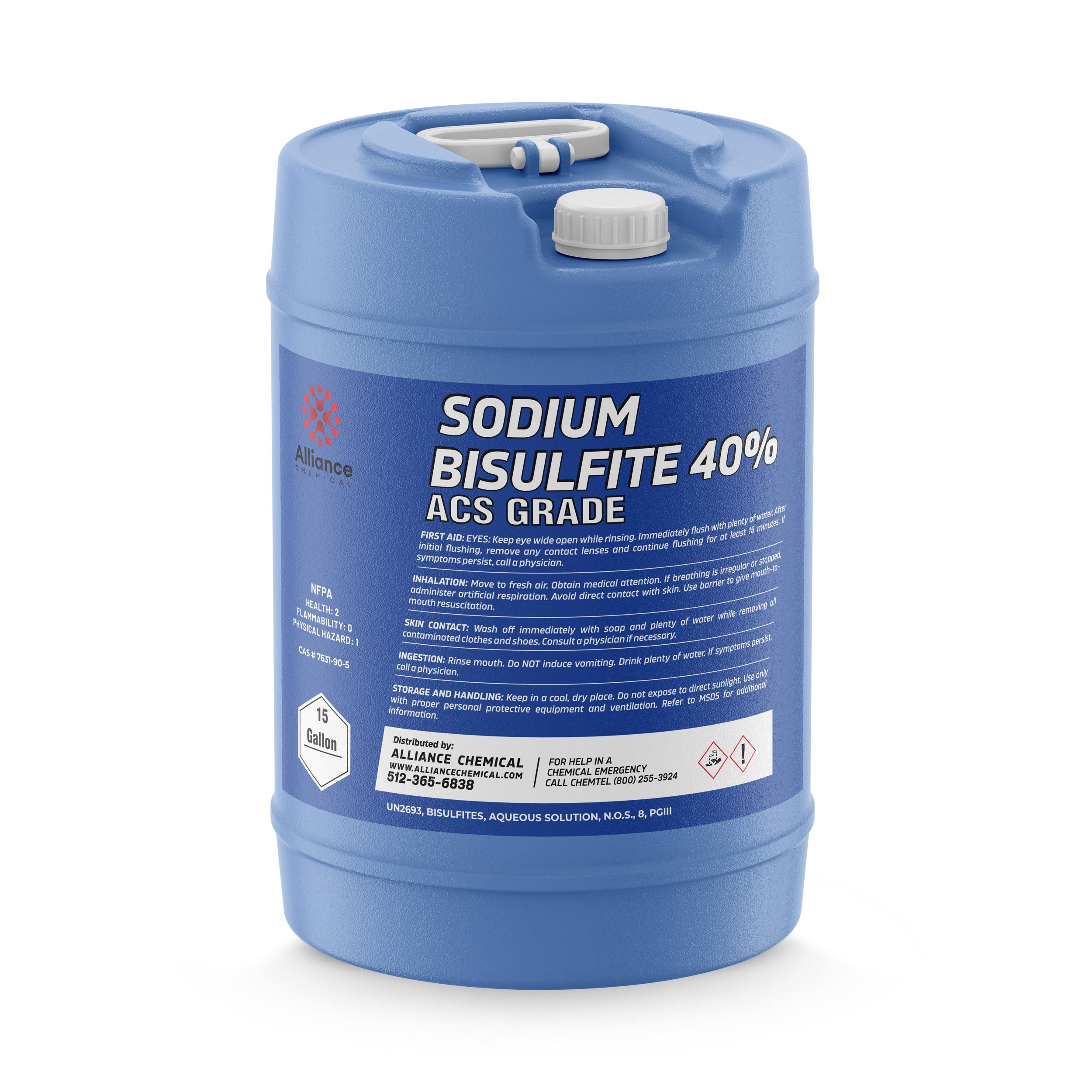 15-gallon blue HDPE carboy of Sodium Bisulfite 40% ACS Grade chemical solution with NFPA diamond, safety instructions, and UN hazard symbols.