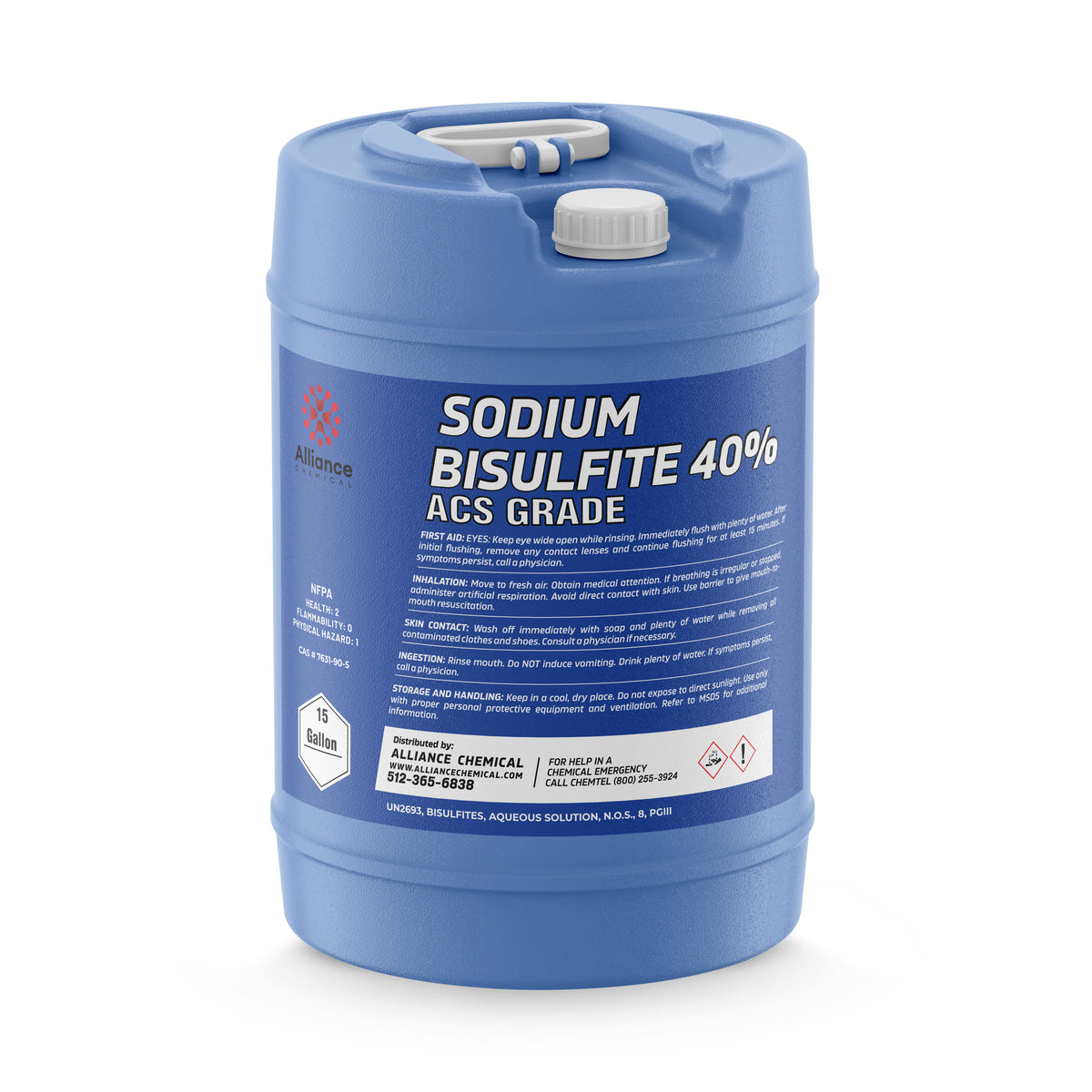 15-gallon HDPE jug of Alliance Chemical Sodium Bisulfite 40% ACS Grade with a white screw cap and handle.