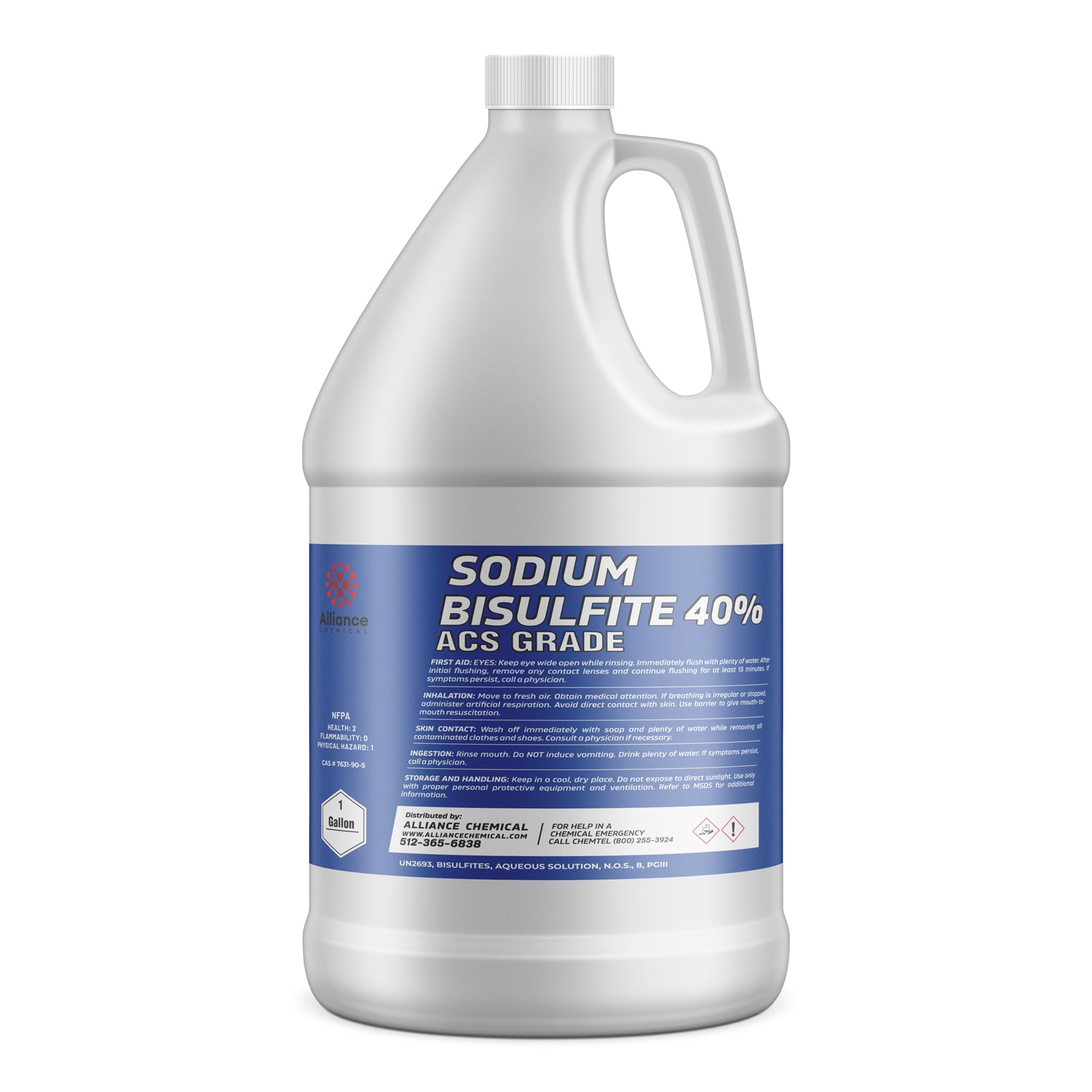 One-gallon white HDPE container of Sodium Bisulfite 40% ACS Grade chemical with blue label, NFPA hazard diamond, and Class 1 warning symbol.