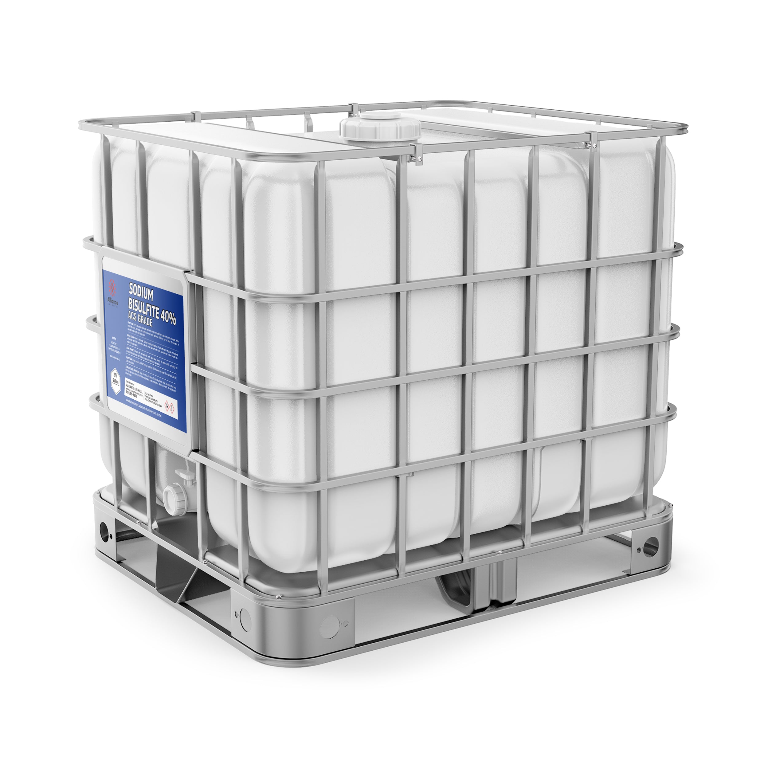 275-gallon IBC tote of Sodium Bisulfite 40% ACS Grade in white HDPE container with metal cage frame, bottom discharge valve, and blue product label.