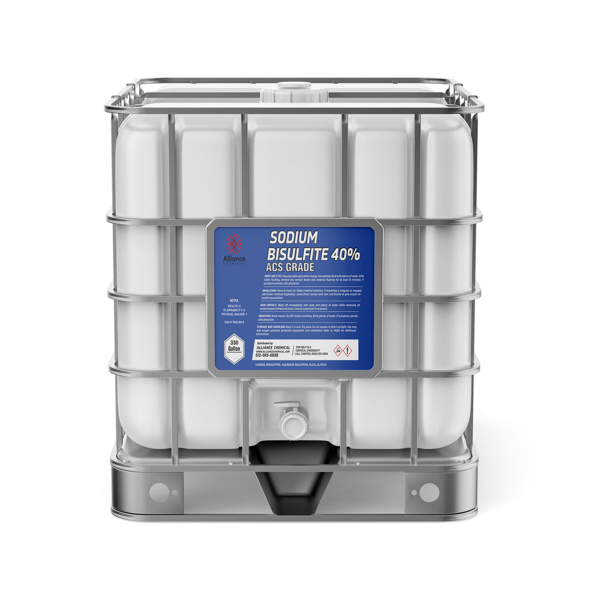 One 330-gallon plastic tote of Alliance Chemical Sodium Bisulfite 40% ACS Grade with steel cage.