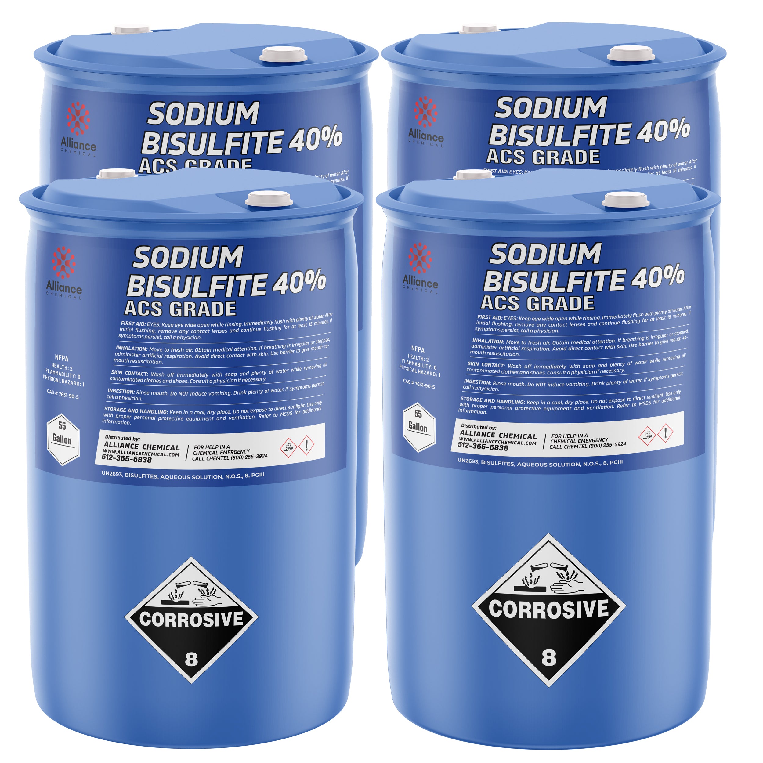 55-gallon blue drums of Sodium Bisulfite 40% ACS Grade by Alliance Chemical, featuring corrosive Class 8 hazard diamond, safety information, and white screw caps.