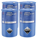 55-gallon blue drums of Alliance Chemical Sodium Bisulfite 40% ACS Grade, with corrosive, safety information, and white