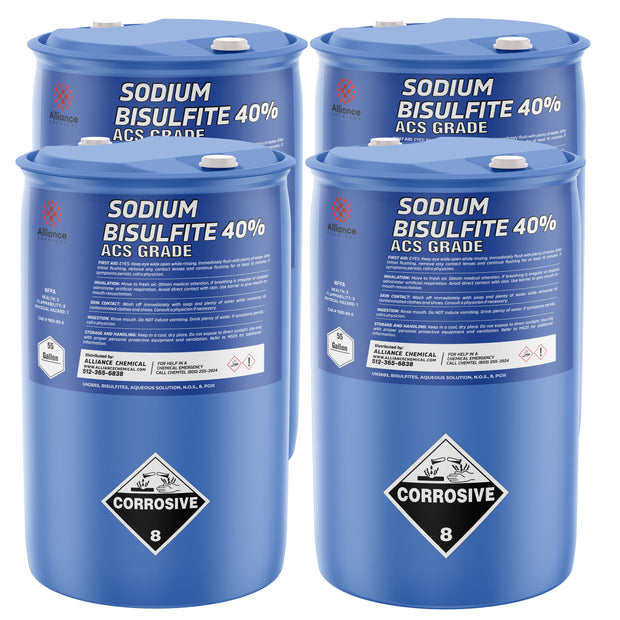 55-gallon blue drums of Alliance Chemical Sodium Bisulfite 40% ACS Grade, with corrosive, safety information, and white