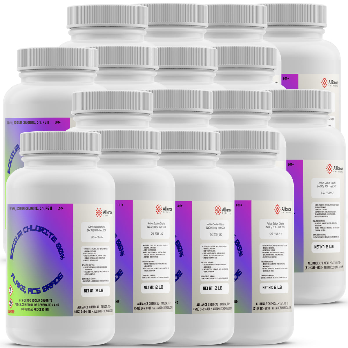 Ten Alliance Chemical bottles of Sodium Chlorite Flakes 80% - ACS Grade with white ribbed caps and labeled containers