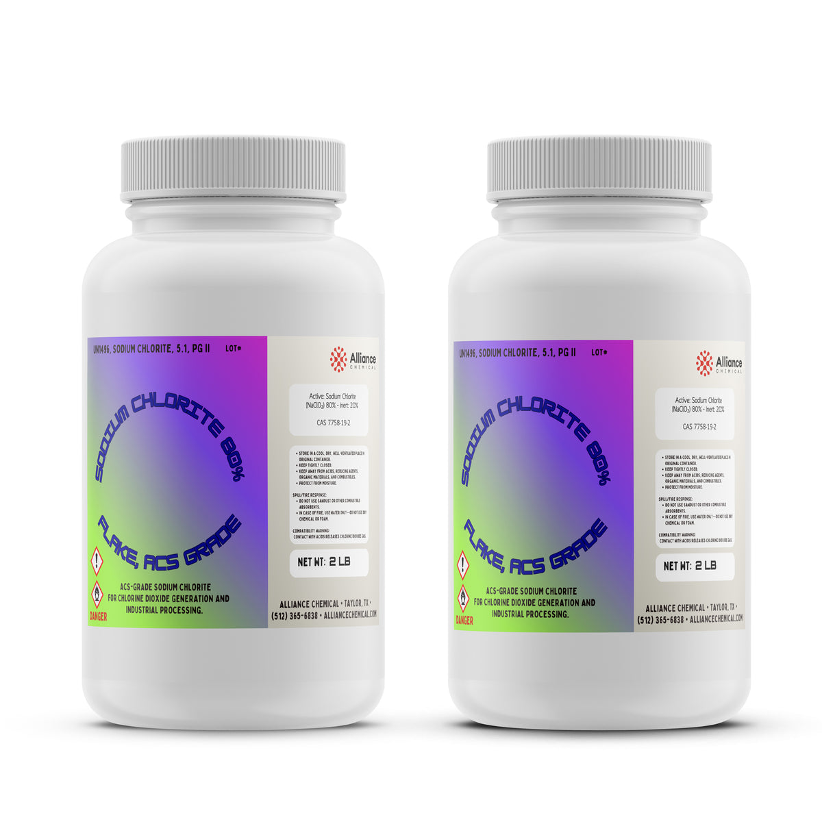 Two plastic bottles of Alliance Chemical Sodium Chlorite Flakes 80% - ACS Grade with white ribbed caps and product labels.