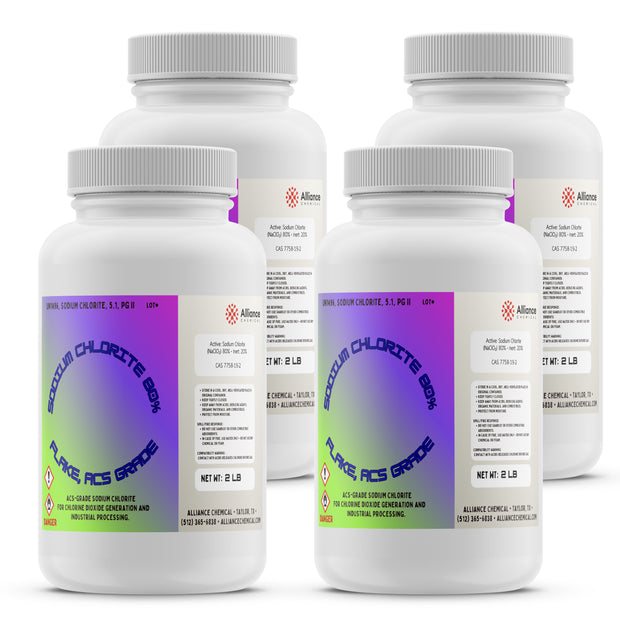 Four Alliance Chemical Sodium Chlorite Flakes 80% ACS Grade bottles with white plastic screw cap and product label.