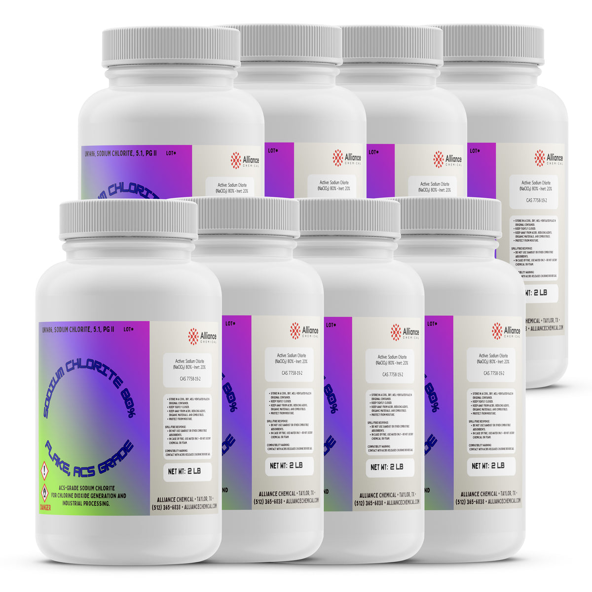 Seven 2-lb bottles of Alliance Chemical Sodium Chlorite Flakes 80% - ACS Grade with white caps and product labels