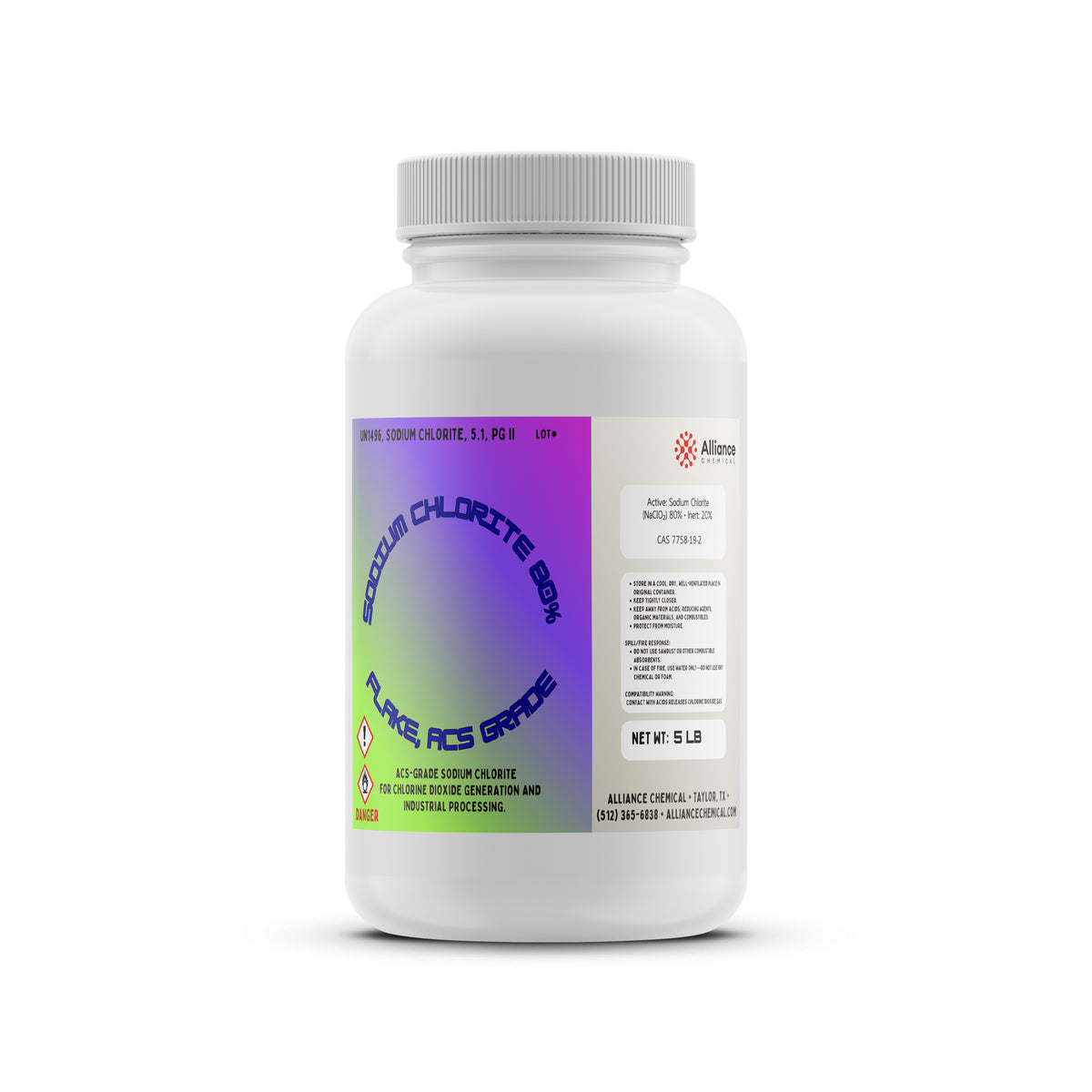One Alliance Chemical bottle of Sodium Chlorite Flakes 80% - ACS Grade with a white screw cap and product label.