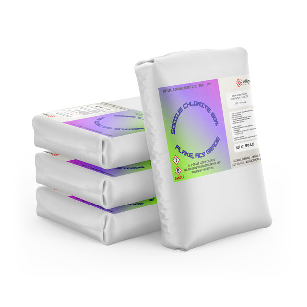 Four 50-lb bags of Alliance Chemical Sodium Chlorite Flakes 80% - ACS Grade with labeled white packaging.