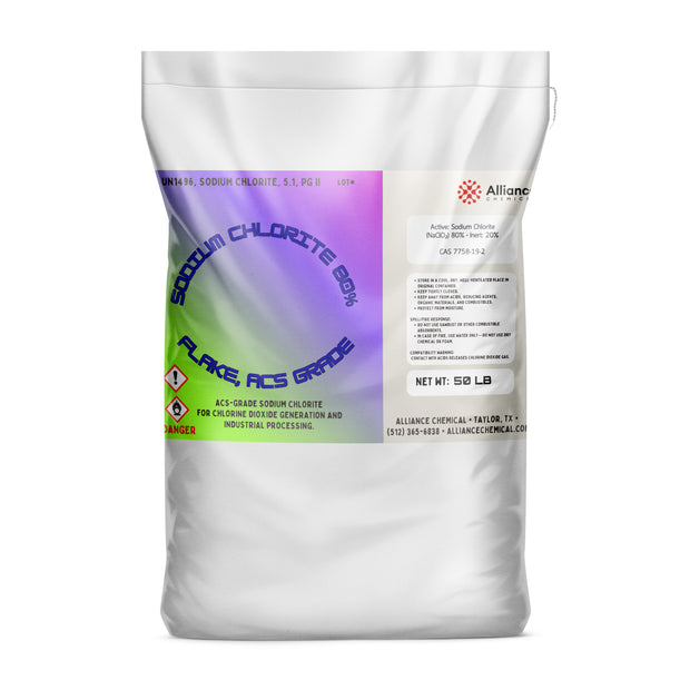 One 50-lb bag of Alliance Chemical Sodium Chlorite Flakes 80% - ACS Grade with a sealed top and product label.