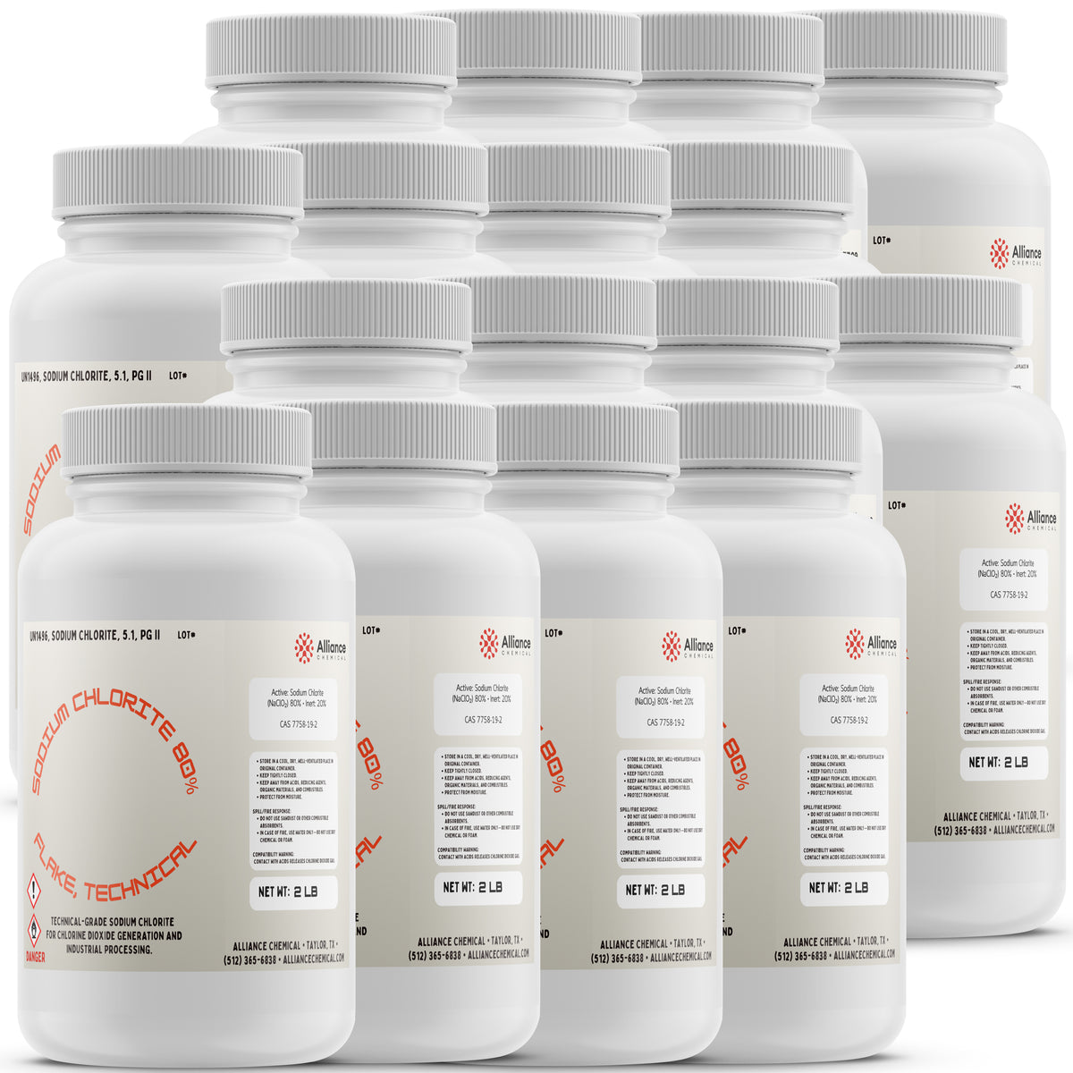 Ten plastic bottles of Alliance Chemical Sodium Chlorite Flakes 80% - Technical Grade with white caps and labels