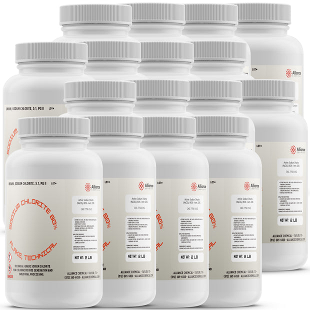 Ten plastic bottles of Alliance Chemical Sodium Chlorite Flakes 80% - Technical Grade with white caps and labels