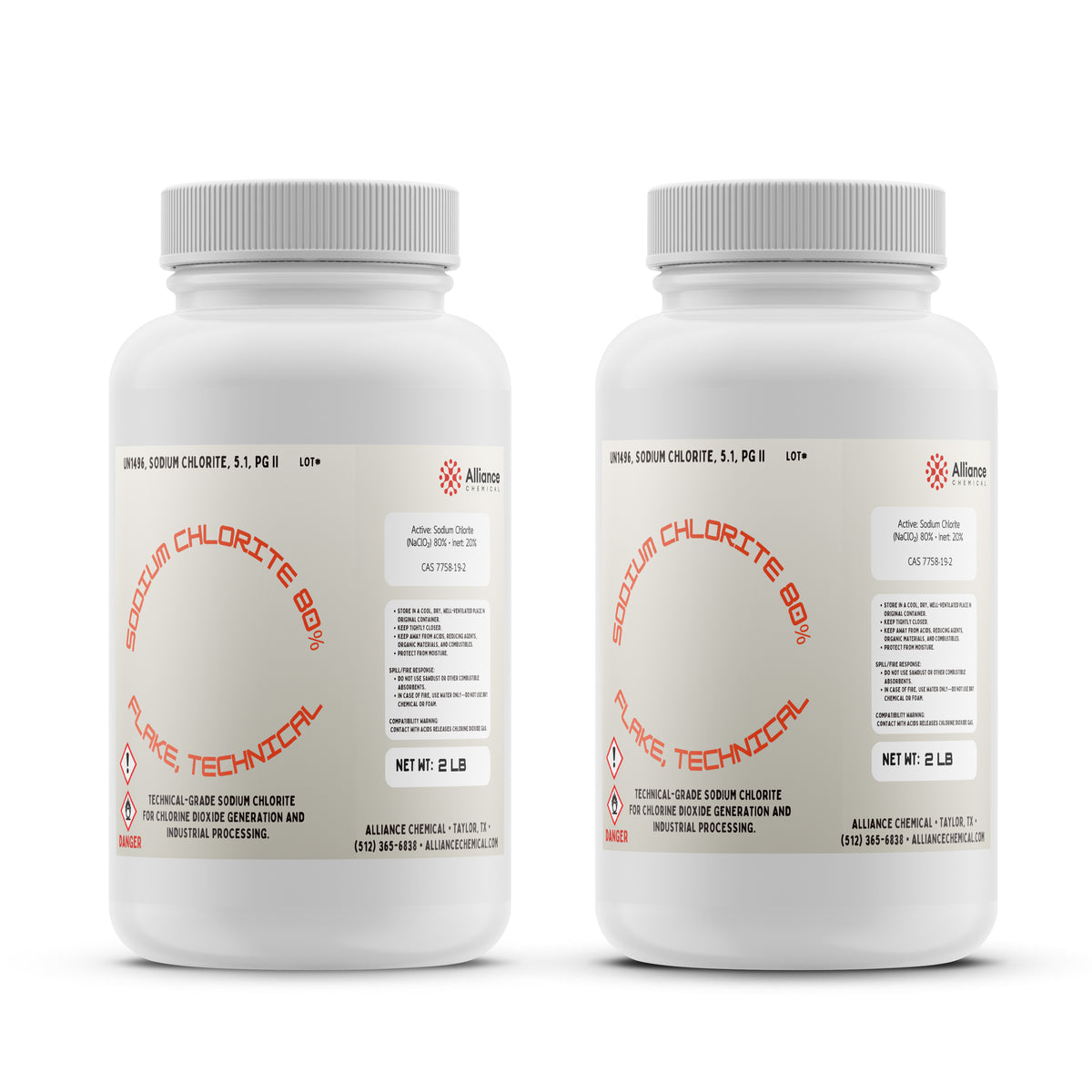 Two plastic bottles of Alliance Chemical Sodium Chlorite Flakes 80% Technical Grade with white caps and labels.