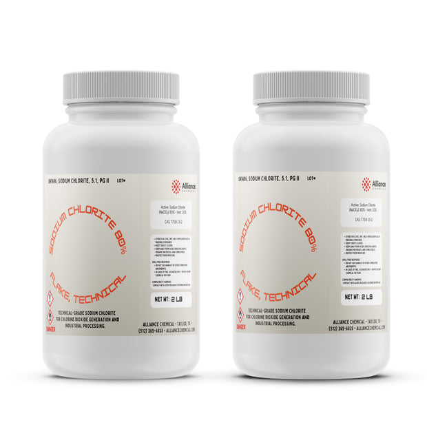 Two plastic bottles of Alliance Chemical Sodium Chlorite Flakes 80% Technical Grade with white caps and labels.