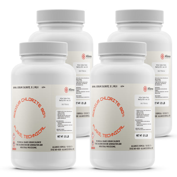 Four 2-lb bottles of Alliance Chemical Sodium Chlorite Flakes 80% - Technical Grade with white caps and product labels.