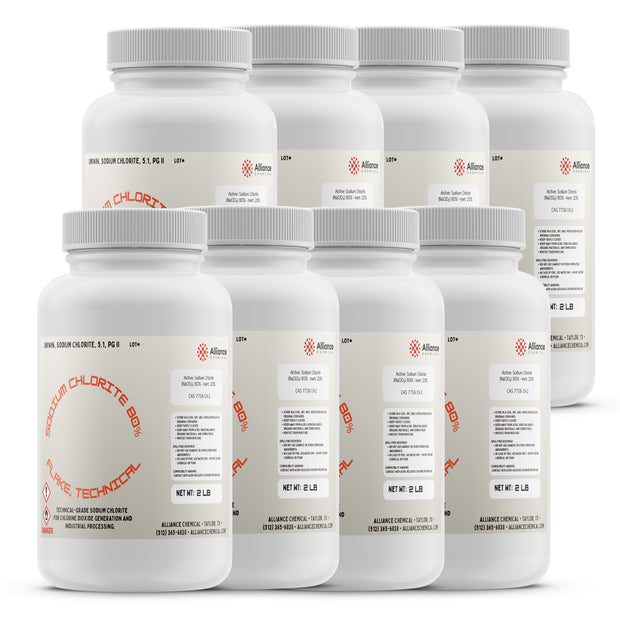 Six Alliance Chemical Sodium Chlorite Flakes 80% - Technical Grade bottles with white caps and labels.