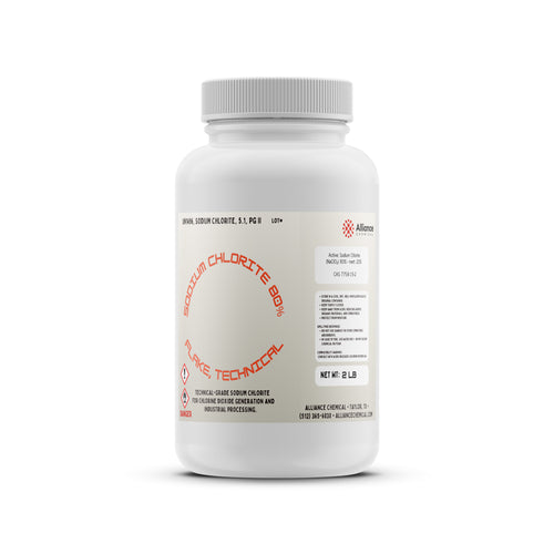 One plastic bottle of Alliance Chemical Sodium Chlorite Flakes 80% Technical Grade with a white cap and product label.