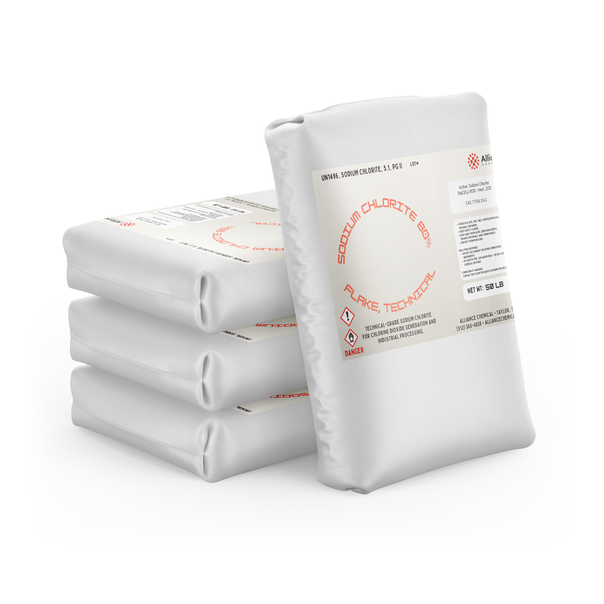 Four 50-lb bags of Alliance Chemical Sodium Chlorite Flakes 80% - Technical Grade with labels.