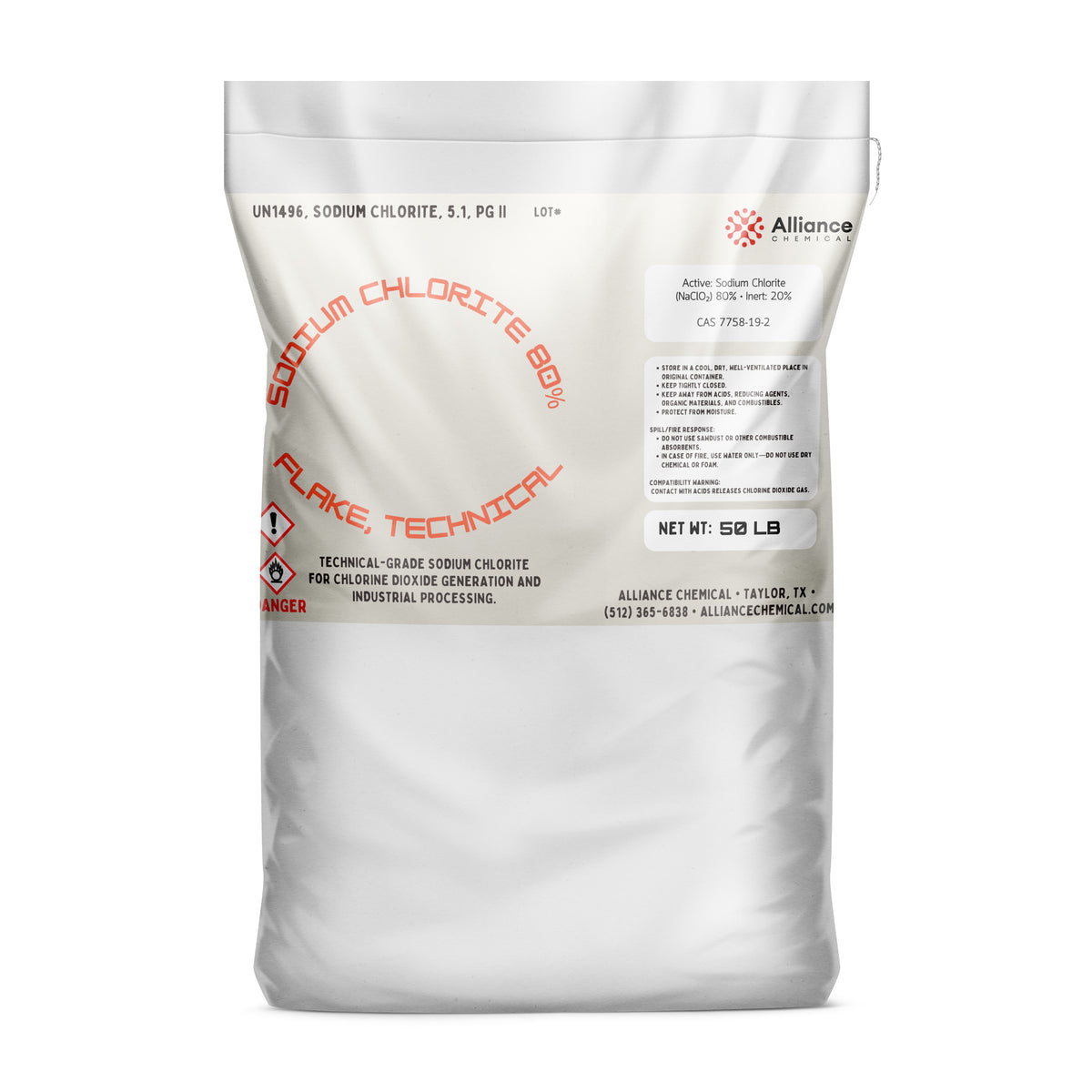 One 50-lb bag of Alliance Chemical Sodium Chlorite Flakes 80% - Technical Grade with printed label.