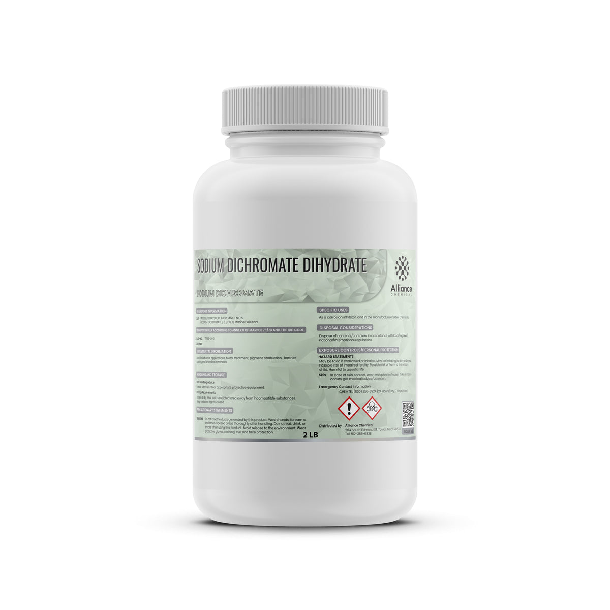 2-lb Sodium Dichromate Dihydrate in white HDPE bottle with safety label, GHS hazard pictograms, and chemical specifications from Alliance Chemical.