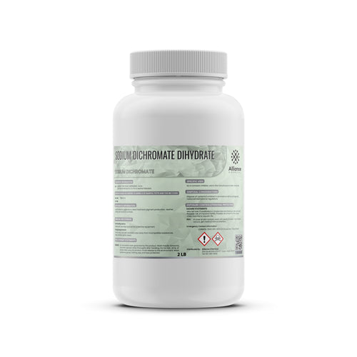 Alliance Chemical 2-lb Sodium Dichromate Dihydrate in HDPE bottle with safety label, GHS hazard pictograms, and chemical