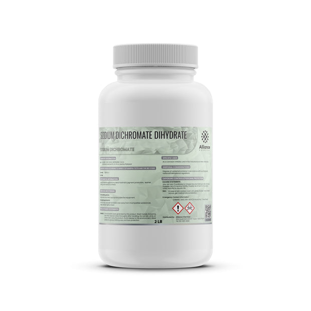 Alliance Chemical 2-lb Sodium Dichromate Dihydrate in HDPE bottle with safety label, GHS hazard pictograms, and chemical