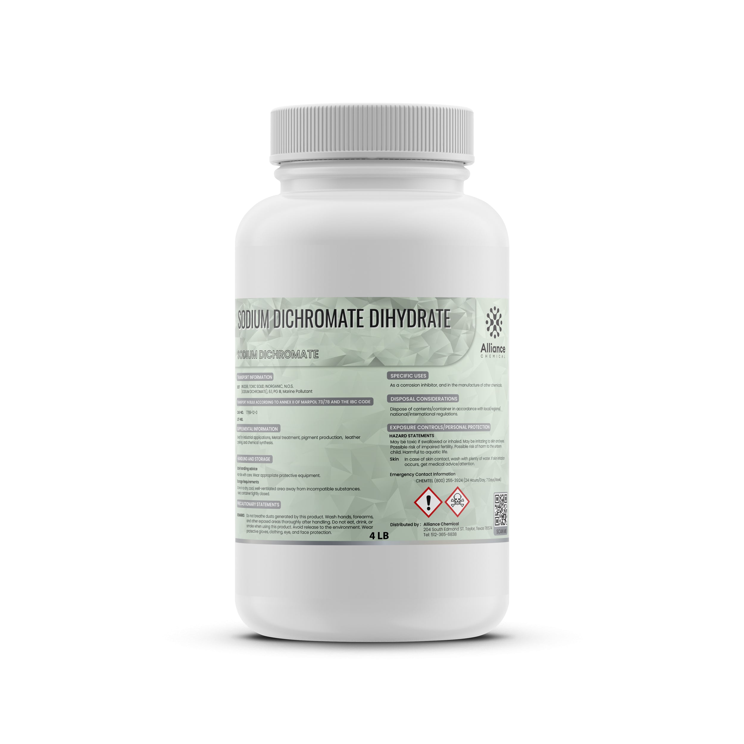 4 LB white HDPE bottle of sodium dichromate dihydrate with hazardous material symbols, green-tinted label, and threaded safety cap from Alliance Chemical.