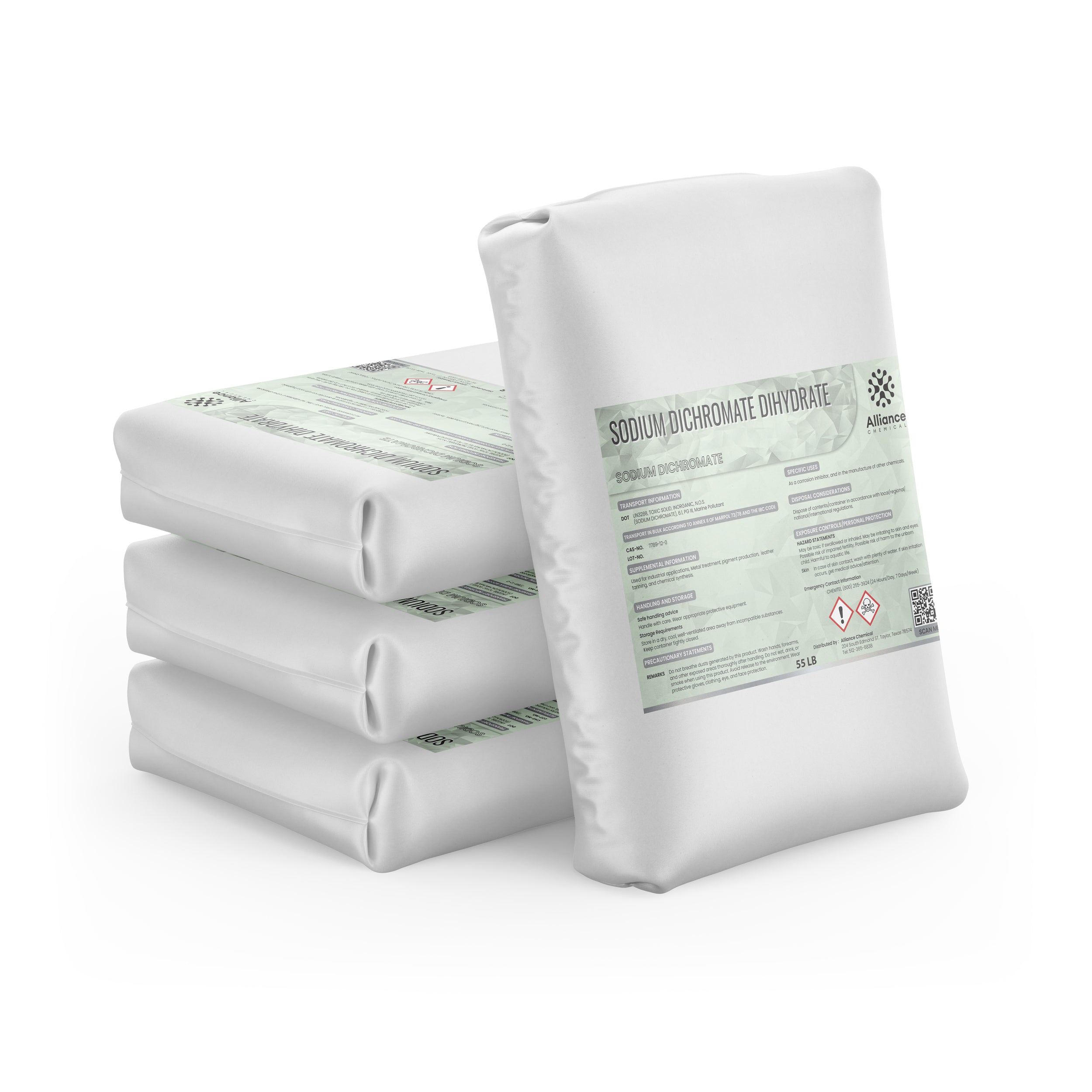55 lb bags of sodium dichromate dihydrate stacked on pallet, white industrial packaging with green safety label, hazard symbols visible, Alliance Chemical branding.