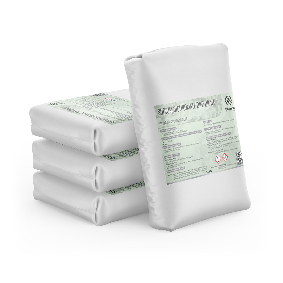 Four 55-lb bags of Alliance Chemical Sodium Dichromate Dihydrate with printed labels and sealed closures.